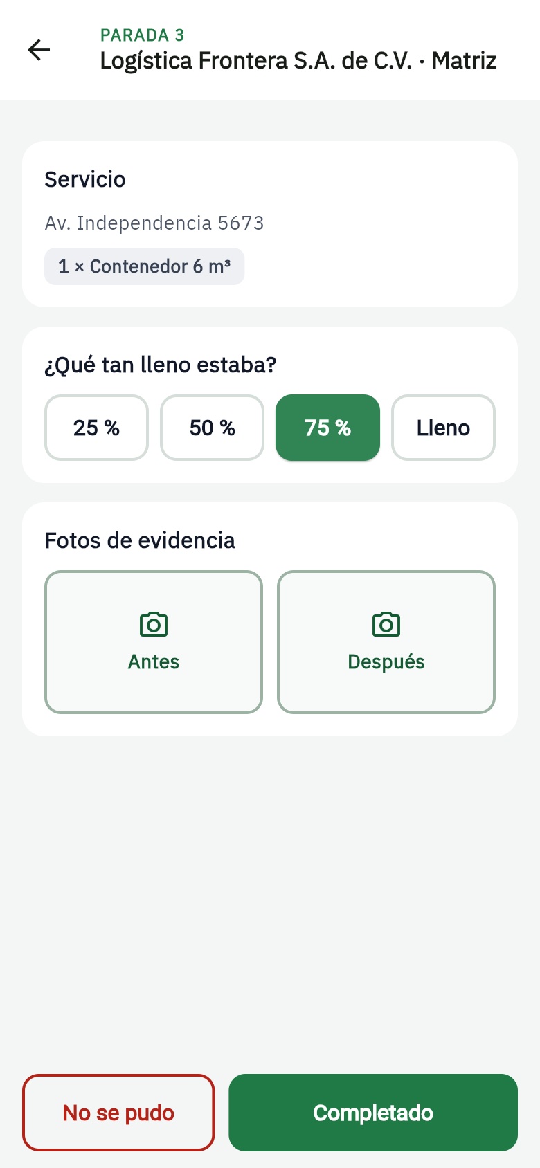 App: registro de una parada con nivel de llenado, fotos de evidencia y botones grandes
